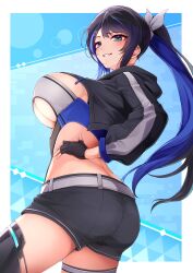 Rule 34 | 1girl, absurdres, alyssa (specktech), ass, back, belt, black gloves, black hair, black jacket, black shorts, blue hair, blush, bow, breasts, clothing cutout, commentary, commission, cropped jacket, fingerless gloves, from side, gloves, grin, hair bow, hand on own hip, highres, hood, hooded jacket, jacket, large breasts, long sleeves, midriff, multicolored hair, second-party source, short shorts, shorts, skeb commission, smile, solo, standing, streaked hair, symbol-only commentary, takagi mitsukuni, thighs, two-tone hair, underboob cutout, white belt, white bow