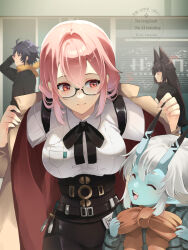 Rule 34 | 1boy, 3girls, animal ears, asaba harumasa, black hair, black shirt, blue horns, blue oni, blue skin, brown coat, closed eyes, coat, collared shirt, colored skin, fox ears, fox girl, glasses, hair between horns, high-waist skirt, highres, horns, hoshimi miyabi, komesiwo syumi, long hair, multicolored horns, multiple girls, oni, open clothes, open coat, pink eyes, pink hair, pointy ears, scarf, shirt, short hair, skirt, smile, soukaku (zenless zone zero), tsukishiro yanagi, two-tone horns, white hair, white shirt, yellow scarf, zenless zone zero