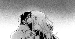 2girls alien_stage badhapple closed_eyes commentary crying dress earrings english_commentary greyscale hairband highres jewelry kiss long_hair mizi_(alien_stage) monochrome multiple_girls off-shoulder_dress off_shoulder short_hair sua_(alien_stage) tears yuri