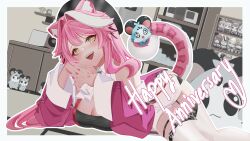 1girl :d absurdres animal_ear_fluff animal_ears ascot beret black_gloves black_hat black_shirt breasts center-flap_bangs chattino_(raora_panthera) cleavage commentary ddann english_text fang gloves hat high-waist_shorts highres holding_by_the_tail hololive hololive_english indoors jacket large_breasts long_hair looking_at_viewer lying multicolored_hair open_mouth panther_ears panther_girl panther_tail partially_fingerless_gloves pink_hair pink_jacket raora_panthera raora_panthera_(1st_costume) shirt shorts sidelocks single_glove smile solo streaked_hair tail teeth thigh_strap thighhighs upper_teeth_only virtual_youtuber white_ascot white_hair white_shorts white_thighhighs yellow_eyes