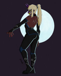 1girl absurdres ass back back_cutout backless_outfit bare_shoulders belt belt_buckle black_belt black_bodysuit blonde_hair blunt_bangs bodysuit breasts bridal_gauntlets buckle clothing_cutout dark-skinned_female dark_skin detached_sleeves from_behind full_body harumi_(ninjago) highres long_hair mask mask_on_head nail_polish ninjago oni_mask ponytail red_nails shoulder_blades sideboob the_lego_group thick_thighs thighs