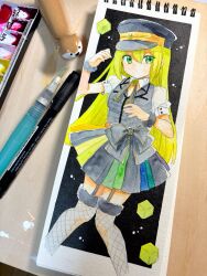 Rule 34 | 1girl, alina gray, art tools in frame, black background, cropped legs, cube, green eyes, green hair, hat, highres, long hair, magia record: mahou shoujo madoka magica gaiden, magical girl, mahou shoujo madoka magica, mixed media, notepad, oumi neneha, painting (medium), peaked cap, photo (medium), sketchbook, solo, traditional media