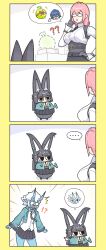 3girls animal_ear_fluff animal_ears artistic_error asaba_harumasa black_hair blue_skin chibi colored_skin food fox_ears fox_girl fruit highres horns hoshimi_miyabi jagos_(legocup) long_hair melon multiple_girls oni pointing short_hair soukaku_(zenless_zone_zero) sweatdrop white_hair zenless_zone_zero