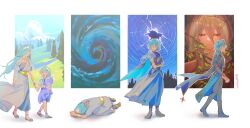 1boy 1girl anaxa_(honkai:_star_rail) aqua_hair black_jacket character_request child covered_eyes full_body highres honkai:_star_rail honkai_(series) jacket male_focus medium_hair multiple_views side_ponytail twitter_username walking white_background yulm315001