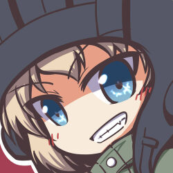 Rule 34 | 1girl, blonde hair, blue eyes, blush, buttons, chibi, clenched teeth, deformed, fang, fictional sister, girls und panzer, green jumpsuit, helmet, jumpsuit, katyusha (girls und panzer), looking at viewer, military, military uniform, no nose, pravda military uniform, red background, short hair, simple background, smile, solo, tank helmet, teeth, upper body
