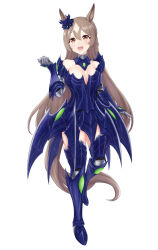 1girl :d absurdres alternate_costume animal_ears armor braid breasts brown_eyes brown_hair cleavage double-parted_bangs full_body hair_between_eyes half_up_braid highres horse_ears horse_girl horse_tail ichimai_(apieceof_ray151) large_breasts long_hair long_sleeves looking_at_viewer multicolored_hair open_mouth satono_diamond_(umamusume) simple_background smile solo streaked_hair tail umamusume very_long_hair white_background
