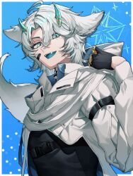 1boy animal_ears bad_tag bandage_on_cheek bishounen black_gloves black_undershirt blue_background blue_eyes blue_horns blue_tongue collar colored_tongue demon_boy demon_horns fangs gloves high_collar hood hood_down horns indie_virtual_youtuber jacket looking_at_viewer looking_to_the_side senz_(third_costume) senz_(vtuber) shionty single_glove spiked_collar spikes tail undershirt upper_body virtual_youtuber white_hair white_jacket wolf_ears wolf_tail