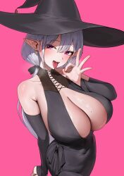 1girl absurdres bare_shoulders black_dress black_hat blush breasts chochomi cleavage commentary detached_sleeves dress earrings fellatio_gesture hand_up hat highres jewelry large_breasts large_hat long_hair long_sleeves looking_at_viewer mole mole_on_breast mole_under_eye open_mouth original pink_background pointy_ears purple_eyes simple_background smile solo symbol-only_commentary tongue tongue_out white_hair witch_hat