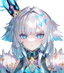 1girl blue_eyes brooch cerydra_(honkai:_star_rail) crown fur_trim hair_intakes highres honkai:_star_rail honkai_(series) jewelry long_hair looking_at_viewer mini_crown portrait pudding_cream simple_background solo white_background white_hair