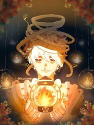 1boy bandages character_request closed_mouth copyright_request fire flower halo highres lantern light_bulb looking_at_object male_focus messy_hair nu_gintama short_hair smile solo straight-on upper_body white_hair