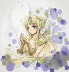 Rule 34 | 1girl, armor, blonde hair, blue eyes, breasts, bridal gauntlets, cleavage, closed mouth, dress, flower, forehead jewel, gem, gold trim, green dress, green gemstone, green ribbon, hair ribbon, highres, hori wo, lily (flower), long hair, low-tied long hair, medium breasts, parted bangs, ribbon, riesz, seiken densetsu, seiken densetsu 3, shoulder armor, sidelocks, sketch, smile, solo, twitter username, upper body, winged headwear