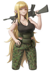 1girl army_uniform artist_request assault_rifle blonde_hair breasts camouflage cleavage fang female_focus food gun gun_over_shoulder hand_on_own_hip highres holding holding_food kiss-shot_acerola-orion_heart-under-blade kizumonogatari large_breasts long_hair looking_at_viewer matching_hair/eyes monogatari_(series) oshino_shinobu pants pointy_ears pouch_bags rifle smile solo standing tank_top vampire very_long_hair weapon yellow_eyes