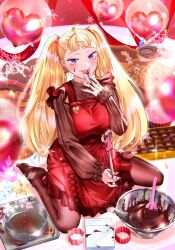 1girl apron blonde_hair candy chocolate chocolate_heart chocolate_making chocolate_on_body chocolate_on_face cover cover_page dosanko_gal_wa_namaramenkoi earrings food food_on_body food_on_face fuyuki_minami gyaru happy_valentine heart heart-shaped_food highres ikada_kai jewelry kneeling long_hair official_art pantyhose puffy_nipples purple_eyes red_apron twintails valentine