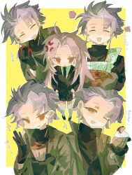 2boys ^_^ absurdres anger_vein apron black_gloves black_jacket black_necktie black_shoes black_shorts black_sweater border chinese_commentary closed_eyes collared_shirt commentary_request cup curtained_hair drinking_glass earrings gloves hands_on_own_hips hatsutori_hajime highres holding holding_cup jacket jewelry liningne long_hair male_focus multiple_boys multiple_views necktie open_clothes open_jacket open_mouth outline outside_border parted_bangs pink_hair procreate_(medium) purple_hair red_eyes saibou_shinkyoku shirt shoes short_hair shorts smile socks sparkle sweater theodore_riddle translation_request turtleneck turtleneck_sweater white_apron white_border white_outline white_shirt white_socks yellow_background