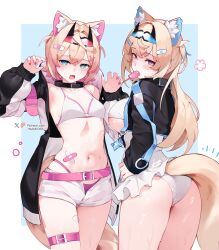 Rule 34 | 2girls, absurdres, alternate costume, animal ear fluff, animal ears, artist name, ass, bandaid, bandaid hair ornament, bandaid on leg, bandaid on stomach, belt, bikini, bikini under shorts, black collar, black jacket, blonde hair, blue eyes, blue hair, breasts, claw pose, clothing cutout, collar, commentary, covered navel, cropped jacket, cropped legs, crossed bangs, dog ears, dog girl, dog tail, double-parted bangs, dress, extra ears, flying sweatdrops, food, food in mouth, frilled dress, frills, fuwawa abyssgard, hair between eyes, hair intakes, hair ornament, hairband, hairclip, hand on own hip, hands up, highleg, highleg bikini, highres, holding, holding food, holding popsicle, hololive, hololive english, horn hairband, jacket, large breasts, long hair, looking at viewer, mococo abyssgard, multicolored hair, multiple girls, namiorii, navel, open fly, open mouth, panties, pantyshot, patreon logo, patreon username, pink belt, pink bikini, pink eyes, pink hair, pink hairband, popsicle, popsicle in mouth, short hair, short shorts, shorts, siblings, simple background, sisters, skindentation, small breasts, streaked hair, swimsuit, symbol-only commentary, tail, thigh belt, thigh strap, twins, twitter x logo, two side up, underboob, underboob cutout, underwear, virtual youtuber, watermark, web address, white background, white bikini, white dress, white panties, x hair ornament