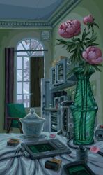 animated animated_gif chair commentary curtains device english_commentary flower indoors looping_animation no_humans original pink_flower pixel_art shelf table tablecloth vase waneella window