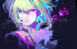 1boy androgynous ascot black_jacket choyang_(cho02415) collared_jacket fire floating_hair green_hair highres jacket lio_fotia looking_ahead male_focus parted_lips popped_collar promare purple_eyes purple_fire solo teeth upper_body v-shaped_eyebrows white_ascot