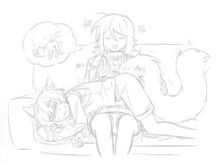1boy 1girl animal_ears cat_ears cat_tail coat coat_on_shoulders couch faust_(project_moon) greyscale highres lab_coat limbus_company long_sleeves monochrome n_corp._fanatic_(identity)_(project_moon) ohzv pants petting project_moon ribbed_sweater shirt short_hair shorts sinclair_(project_moon) sitting slapping sweater tail vest