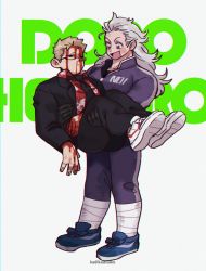 1boy 1girl :d annoyed black_gloves blonde_hair blood blood_on_face blush_stickers carrying copyright_name dorohedoro glasses gloves grey_hair highres ka_ji long_hair long_sleeves noi_(dorohedoro) open_mouth princess_carry reverse_princess_carry shin_(dorohedoro) shoes smile