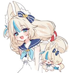 1girl :3 :d ahoge animal_ear_fluff animal_ears blonde_hair blue_hair blue_neckerchief blue_sailor_collar bow buttons cat_ears chibi commentary dress fang fins fish_girl fish_tail frills hair_bow holding holding_letter indie_virtual_youtuber korean_commentary letter lifebuoy_hair_ornament long_hair looking_at_another low_twintails multicolored_hair neckerchief one_side_up open_mouth sailor_collar sameko_saba sidelocks sleeveless sleeveless_dress smile smug sompunchking star_(symbol) streaked_hair tail teeth tongue translated twintails upper_body upper_teeth_only very_long_hair virtual_youtuber walking white_dress