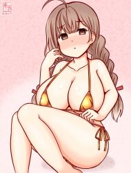 Rule 34 | 1girl, alternate costume, artist logo, bikini, blush, braid, breasts, brown eyes, brown hair, covered erect nipples, dated, gold bikini, gradient background, hair ribbon, kanon (kurogane knights), kantai collection, large breasts, logo, long hair, looking at viewer, one-hour drawing challenge, pink background, red ribbon, ribbon, shinshuu maru (kancolle), sitting, solo, swimsuit, twin braids
