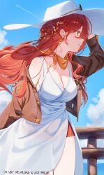 1girl absurdres alternate_costume blue_sky breasts brown_jacket cleavage closed_mouth cloud cropped_jacket dress earrings floating_hair hair_ornament hand_up hat highres himeko_(honkai:_star_rail) honkai:_star_rail honkai_(series) imasaki_kei jacket jewelry long_hair long_sleeves looking_to_the_side mole mole_on_breast open_clothes open_jacket outdoors red_hair see-through_clothes sky smile solo standing sun_hat twitter_username white_dress white_hat yellow_eyes