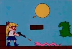 1990s_(style) 1girl aino_minako animated animated_gif arcade bishoujo_senshi_sailor_moon blonde_hair boots bow firing gun hair_bow lizard long_hair lowres magical_girl mask sailor_v screencap skirt snake video_game weapon