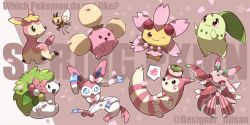 :3 :d :o ;) alternate_color arms_up artist_name blue_eyes blush branch bright_pupils brown_eyes cherrim cherrim_(sunshine) chikorita closed_mouth commentary_request creatures_(company) cutiefly dango deerling deerling_(spring) designer_ojisan english_text flower food furret game_freak gen_2_pokemon gen_4_pokemon gen_5_pokemon gen_6_pokemon gen_7_pokemon green_eyes heart highres holding holding_branch holding_food jumpluff leaf legendary_pokemon looking_at_another lurantis mochi mythical_pokemon nintendo one_eye_closed open_mouth petals pink_background pink_flower pokemon pokemon_(creature) red_eyes sakura_mochi sanshoku_dango shaymin shaymin_(land) shiny_pokemon simple_background sitting smile speech_bubble spoken_heart star_(symbol) sylveon twitter_username wagashi white_background white_pupils