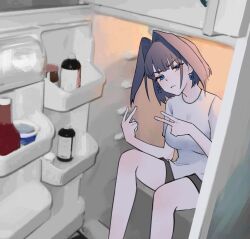 1girl black_shorts blue_eyes blue_hair commentary double_v english_commentary frown hair_intakes hands_up highres hololive hololive_english hunk_404 indoors ketchup_bottle light_frown meme ouro_kronii photo-referenced refrigerator refrigerator_interior ribbon_earrings shirt shorts sitting solo thighs v v-shaped_eyebrows virtual_youtuber white_shirt