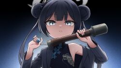 Rule 34 | 1girl, absurdres, black hair, blue archive, butterfly hair ornament, china dress, chinese clothes, cord pull, double bun, dragon print, dress, explosive, golmonggu, gradient background, grenade, grey eyes, grey halo, hair bobbles, hair bun, hair ornament, halo, hands up, highres, holding, holding grenade, holding weapon, kisaki (blue archive), long hair, long sleeves, looking at viewer, off shoulder, pinstripe jacket, pinstripe pattern, print dress, shukusei!! loli-kami requiem, simple background, single bare shoulder, sleeveless, sleeveless dress, solo, stick grenade, stielhandgranate, twintails, upper body, weapon
