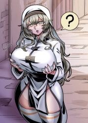 1girl ? absurdres blush breasts chinese_commentary commentary_request commission ga320aaa grabbing_own_breast grey_eyes grey_hair groin highres large_breasts long_hair looking_at_viewer nun open_mouth original pixiv_commission solo spoken_question_mark thighhighs veil white_thighhighs