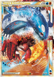 Rule 34 | animal focus, artist name, black sclera, card (medium), character name, claws, closed mouth, colored sclera, company name, copyright name, copyright notice, eba sachiko, english text, gen 3 pokemon, groudon, highres, higuchi shinji, kyogre, lava, legendary pokemon, nintendo, no humans, official art, open mouth, pokemon, pokemon (creature), pokemon card, pokemon focus, pokemon tcg, sharp teeth, spikes, teeth, third-party source, trading card, water, yellow eyes
