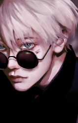 1boy 3aem black-framed_eyewear blue_eyes closed_mouth commentary glasses gojou_satoru highres jujutsu_kaisen jujutsu_tech_uniform lips looking_at_viewer male_focus nose round_eyewear short_hair solo white_hair