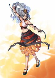 1girl absurdres arm_up black_shoes chinese_commentary chirizuka_ubame chromatic_aberration closed_mouth commentary_request eyes_visible_through_hair floating_hair frilled_skirt frills full_body grey_hair highres long_hair no_socks orange_skirt parted_bangs purple_eyes shirt shoes skirt sleeveless sleeveless_shirt solo touhou voyager13