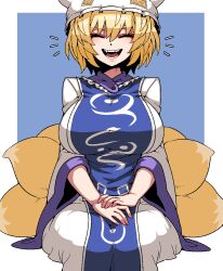 1girl :d animal_ears blonde_hair blue_background blue_tabard breasts closed_eyes commentary_request dress feet_out_of_frame formicid fox_ears fox_tail hair_between_eyes hat huge_breasts kitsune korean_commentary large_breasts legs_together mob_cap multiple_tails notice_lines open_mouth short_hair simple_background sitting smile solo tabard tail teeth tongue touhou v_arms white_dress yakumo_ran