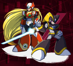 Rule 34 | 2boys, android, arm up, armor, artist logo, bass (mega man), black armor, black helmet, blonde hair, blue eyes, chest jewel, clenched hands, clenched teeth, closed mouth, corruption, energy sword, evil grin, evil smile, facial mark, forehead jewel, full body, gloves, grin, helmet, helmet over one eye, holding, holding sword, holding weapon, jewelry, logo, long hair, mega man (classic), mega man (series), mega man x (series), multiple boys, ponytail, red armor, red background, red eyes, red helmet, robot, robot ears, serious, shoulder armor, smile, standing, sword, teeth, very long hair, weapon, white gloves, z saber, zero (mega man), zin (hamizu)