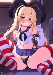 Rule 34 | 1girl, anchor hair ornament, black hairband, black neckerchief, black panties, blonde hair, blue sailor collar, blue skirt, commentary request, crop top, elbow gloves, gloves, grey eyes, grin, hair ornament, hairband, highleg, highleg panties, highres, indoors, kantai collection, long hair, looking at viewer, microskirt, miniskirt, neckerchief, panties, panty pull, pleated skirt, sailor collar, shimakaze (kancolle), shirt, skirt, sleeveless, sleeveless shirt, smile, solo, striped clothes, striped thighhighs, thighhighs, tsukimoto reiji, underwear, white gloves