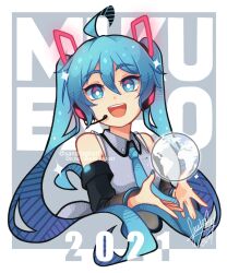 1girl 2021 aqua_eyes aqua_hair aqua_nails aqua_necktie bare_shoulders black_sleeves commentary detached_sleeves english_commentary grey_shirt hair_between_eyes hair_ornament hatsune_miku hatsune_miku_expo headphones headset highres long_hair looking_at_viewer necktie open_mouth sandragh shirt signature simple_background sleeveless smile solo twintails upper_body very_long_hair vocaloid watermark