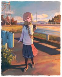 1girl animal backpack bag black_cat black_socks blue_sailor_collar blue_skirt brown_bag brown_eyes brown_footwear brown_hair cable cat cloud feel_(nasitaki) fence full_body grass guard_rail highres holding holding_strap in_bag in_container loafers long_sleeves looking_to_the_side open_mouth original pebble plaid_clothes plaid_scarf plant pleated_skirt radio_tower red_scarf sailor_collar scarf school_uniform serafuku shadow shoes short_hair skirt sky socks sunset sweater tree utility_pole white_background white_sweater