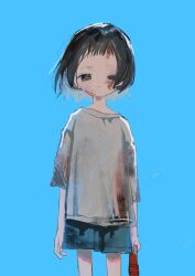 1girl backlighting belt black_eyes black_hair blood blood_on_clothes blood_on_face blood_stain blue_background blue_shorts blunt_bangs bob_cut cowboy_shot half-closed_eye highres holding holding_belt kuze_shizuka looking_at_viewer mika3kami shirt shorts skinny solo takopii_no_genzai white_shirt