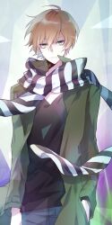 1boy 779762391_(lofter) absurdres aegyo_sal ahoge arm_at_side black_scarf black_shirt blue_pants brown_hair coat collared_coat cowboy_shot creepypasta denim double-parted_bangs green_coat green_eyes grey_background hair_between_eyes hand_in_pocket highres homicidal_liu jeans male_focus open_clothes open_coat pants parted_lips scarf shirt short_hair simple_background solo standing stitched_face stitched_mouth stitches striped_clothes striped_scarf triangle two-tone_scarf upturned_eyes v-neck vertical-striped_clothes vertical-striped_scarf white_scarf wind