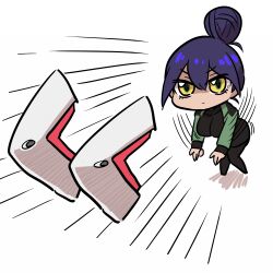 Rule 34 | 1girl, animal ears, black hair, black pantyhose, black shirt, black skirt, breasts, cat ears, chibi, detached ears, ditienan ddn, green jacket, gundam, gundam gquuuuuux, hair bun, jacket, large breasts, long sleeves, nyaan (gundam gquuuuuux), open clothes, open jacket, pantyhose, pencil skirt, shirt, skirt, standing, throwing, white background, yellow eyes
