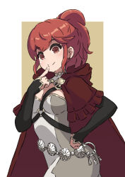 1girl absurdres anna_(fire_emblem) breasts cape cianter cloak closed_mouth finger_to_face fire_emblem fire_emblem_fates harness highres hood hood_down hooded_cloak medium_breasts nintendo o-ring o-ring_harness ponytail red_cape red_eyes red_hair smile solo