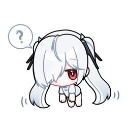 1girl ? alternate_costume barefoot chibi cinderella_(nikke) commentary deformed floating full_body goddess_of_victory:_nikke hair_over_one_eye high_heels jitome looking_at_viewer lowres momori_sensei red_eyes shirt short_sleeves simple_background solo spoken_question_mark t-shirt twintails white_background white_hair