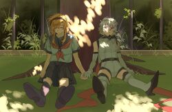 2girls black_skirt black_socks blonde_hair blue_sailor_collar bracelet elbow_gloves eye_mask gloves heart-shift_bracelets highres jewelry jiguang_haibao koishikawa_iko leotard long_hair multiple_girls neckerchief plant pleated_skirt red_eyes red_neckerchief sailor_collar scar scar_across_eyebrow scar_on_face school_uniform serafuku shirt short_hair shy_(character) shy_(series) sitting skirt sleeveless socks tree white_gloves white_hair white_leotard white_serafuku white_shirt yuri