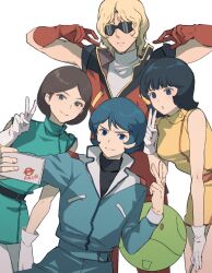 Rule 34 | 2boys, 2girls, black hair, blonde hair, blue hair, blue jumpsuit, brown hair, dress, emma sheen, fa yuiry, gloves, green dress, gundam, haro, jumpsuit, kamille bidan, kasumi (skchkko), multiple boys, multiple girls, quattro bajeena, red gloves, red jumpsuit, selfie, short dress, sunglasses, taking picure, white gloves, yellow dress, zeta gundam