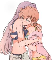 Rule 34 | 2girls, aqua sarong, bare shoulders, bikini, black bikini, blush, breasts, cerise bouquet, cleavage, commentary, ear blush, hair ornament, hairclip, half-closed eyes, highres, hinoshita kaho, hinoshita kaho (swimsuit), hood, hooded jacket, hug, jacket, jacket over swimsuit, junjun (kimi-la), large breasts, link! like! love live!, love live!, low twintails, multi-strapped bikini top, multiple girls, off shoulder, official alternate costume, official alternate hairstyle, otomune kozue, otomune kozue (swimsuit), parallel hairclips, pink jacket, sarong, side-tie bikini bottom, simple background, swimsuit, twintails, upper body, virtual youtuber, wet, white background, yellow bikini, yuri