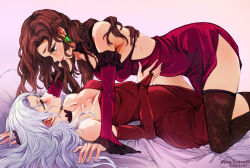 2girls artist_name backless_dress backless_outfit bare_shoulders breasts cleavage dated dorothea_arnault dress earrings edelgard_von_hresvelg eye_contact fire_emblem fire_emblem:_three_houses fire_emblem_warriors:_three_hopes highres jewelry looking_at_another medium_breasts mina_cream multiple_girls nintendo official_alternate_costume official_alternate_hairstyle red_dress thighhighs yuri
