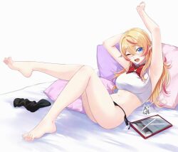1girl akira_miku_ver armpits arms_up barefoot bed bed_sheet blonde_hair blue_eyes blush bow bowtie breasts crop_top crossed_bangs eyelashes feet hair_between_eyes knees_together_feet_apart large_breasts legs long_hair looking_at_viewer multicolored_hair navel no_pants on_bed one_eye_closed open_mouth original panties pillow red_bow red_bowtie shirt side-tie_panties sidelocks simple_background sleeveless sleeveless_shirt socks solo streaked_hair stylus tablet_pc toenails toes underwear unworn_socks white_background white_shirt