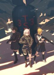 1girl 3girls backpack bag black_socks black_thighhighs blonde_hair blue_eyes bomb boots brown_hair bulletproof_vest collarbone collection crop_top crop_top_overhang explosive grey_hair gun handgun high_side_ponytail highres kriss_vector long_hair medium_hair midriff_peek multiple_girls muranomiro navel night_vision_device original pleated_skirt sailor_collar school_uniform serafuku shirt short_hair short_sleeves shorts shotgun single_thighhigh skirt socks standing stomach submachine_gun thighhighs weapon white_shirt zettai_ryouiki